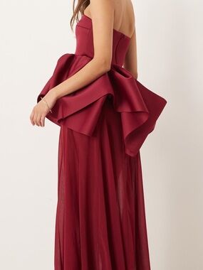 Strapless Peplum Evening Gown in Burgundy